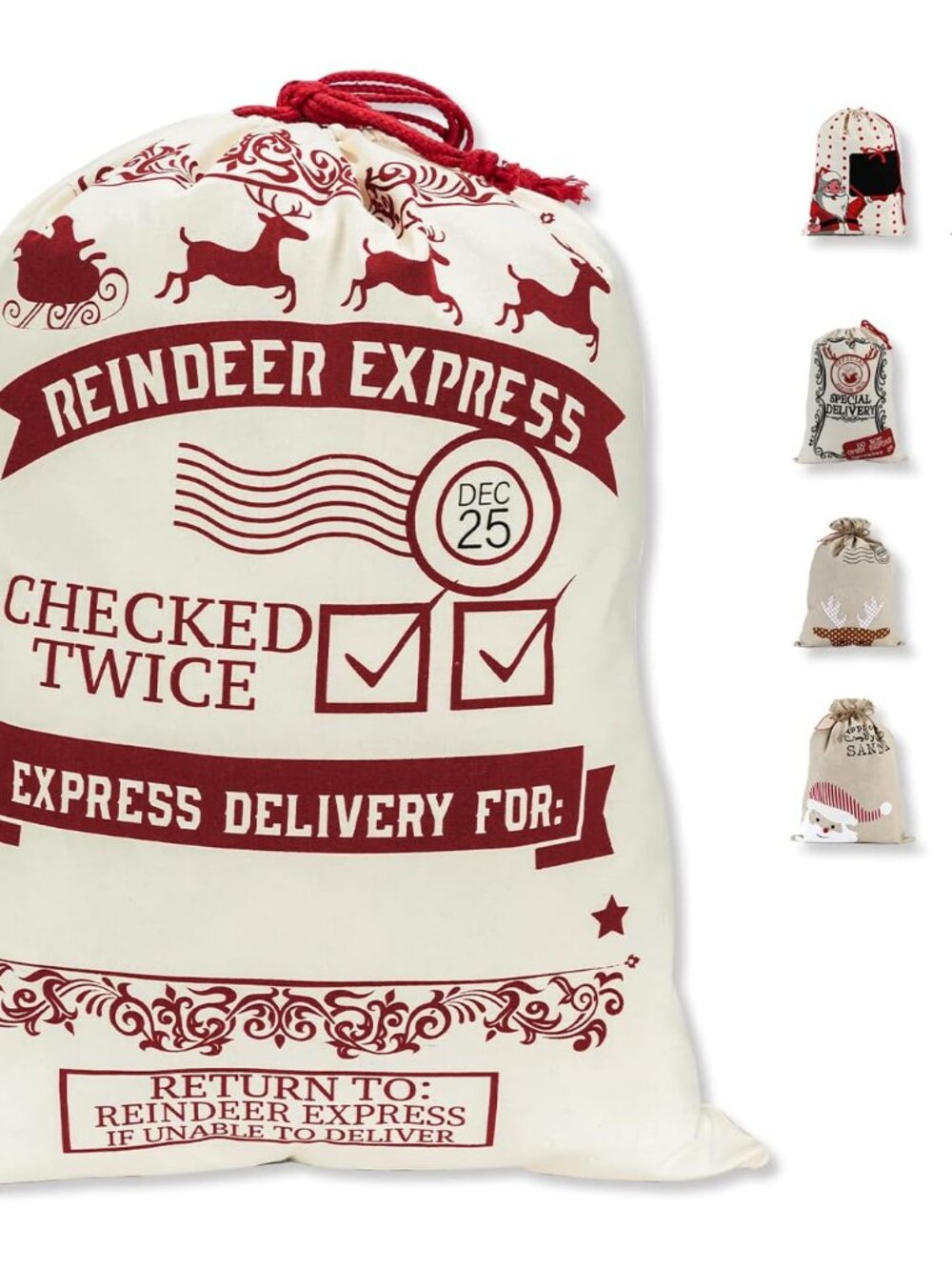 Christmas Santa Sack - Large Canvas Gift Bag with Drawstring, Reusable Personali
